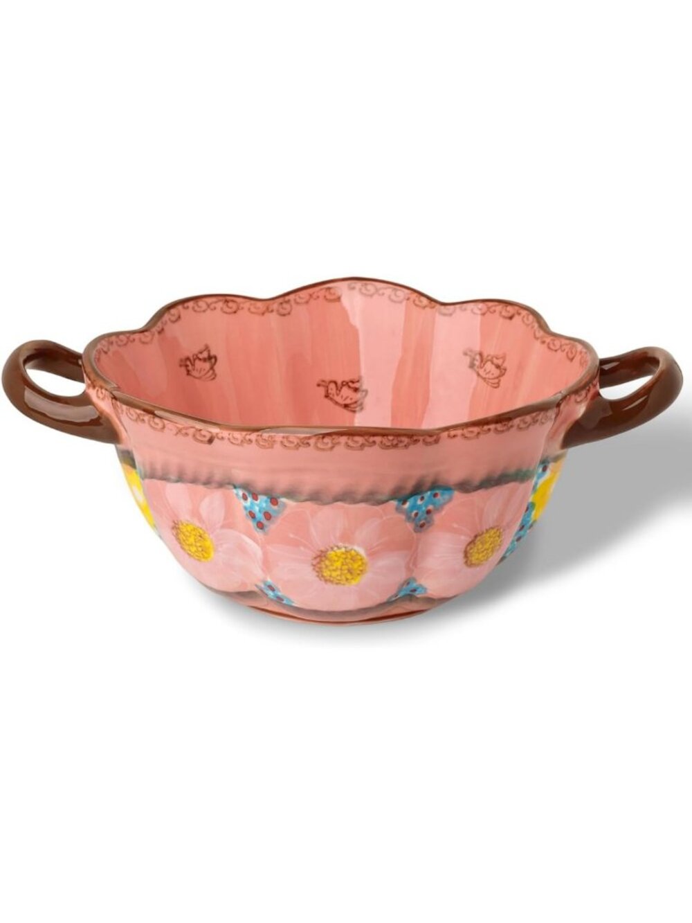 Hand-Painted Ceramic Salad Bowl with Handles, 45 oz - Large Serving Crock for